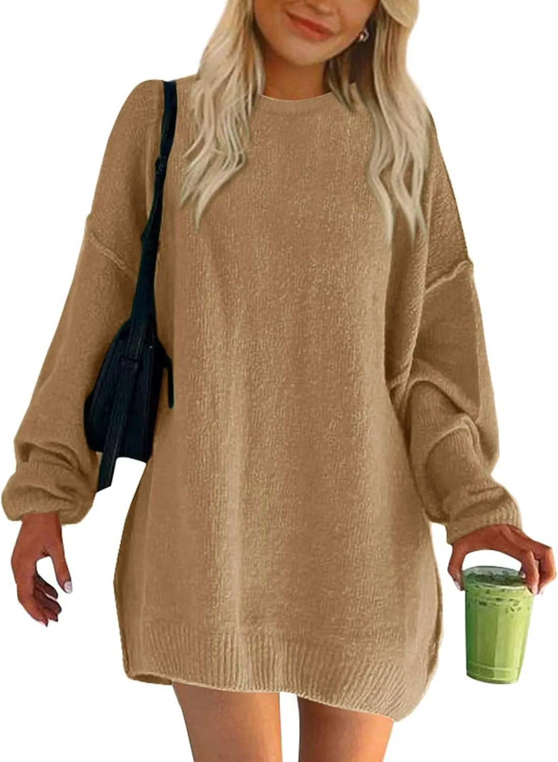 BTFBM 2025 Womens Sweaters Casual Crewneck Long Sleeve Oversized Sweater Dress Fall Winter Loose Slouchy Soft Pullover