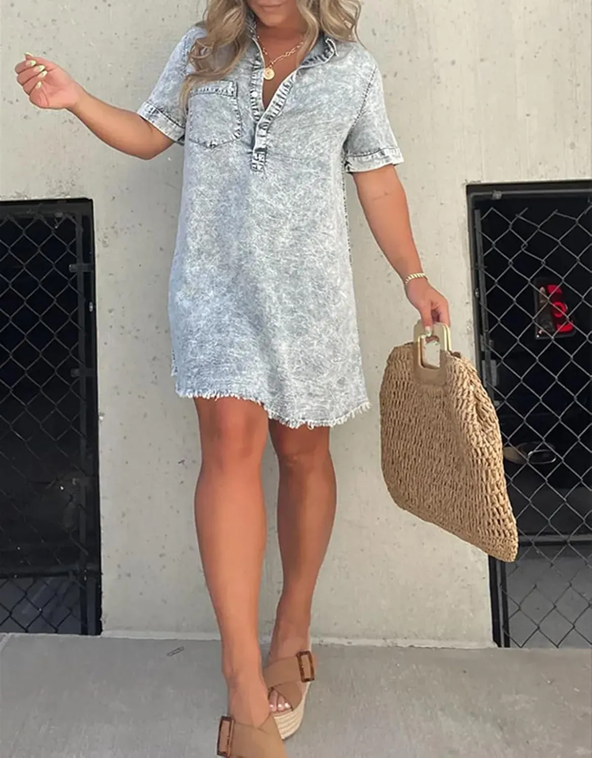 cffvdiz Denim Shirt Dress for Women Short Sleeve Distressed Fringe Hem Short Jean Shirt Dress