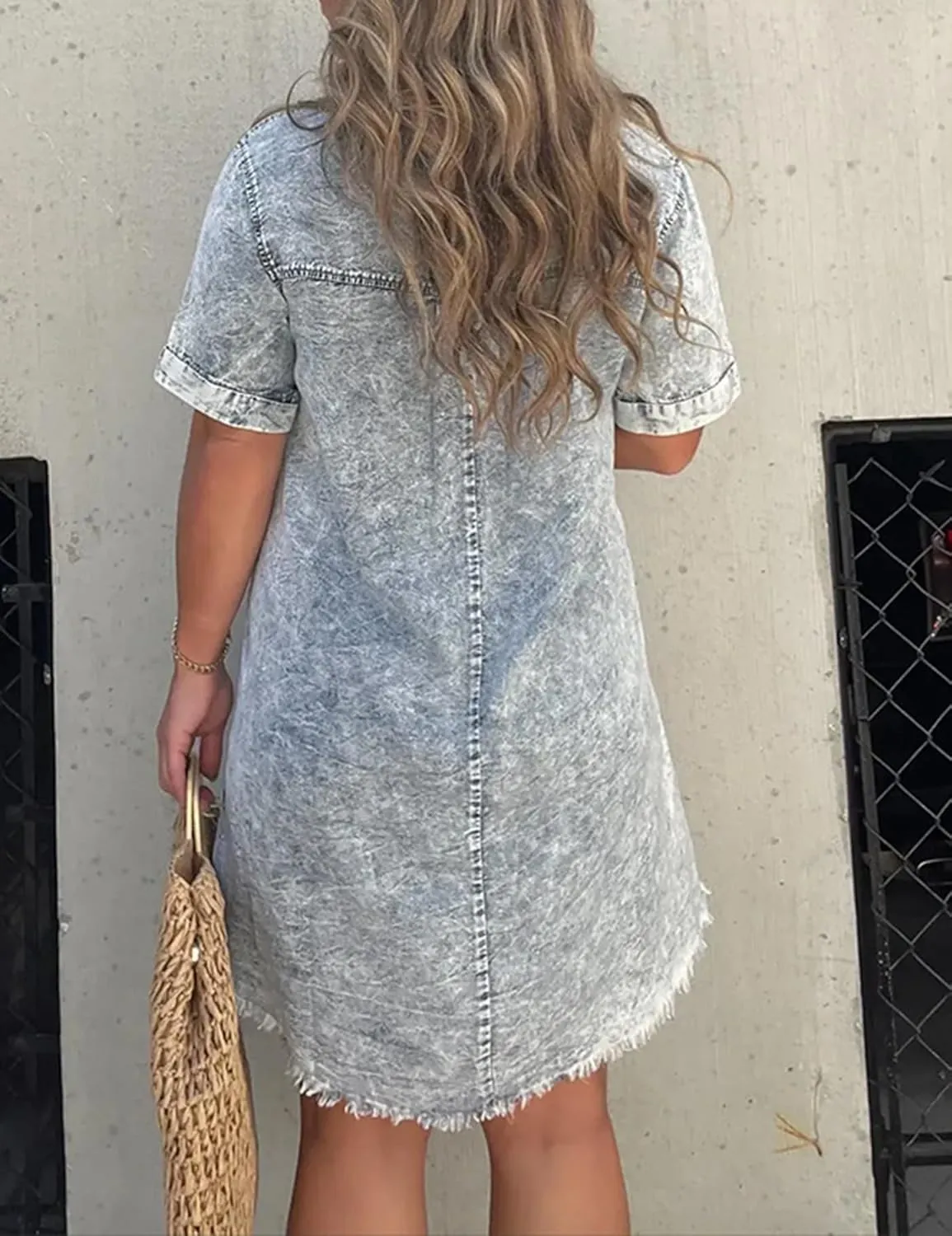 cffvdiz Denim Shirt Dress for Women Short Sleeve Distressed Fringe Hem Short Jean Shirt Dress