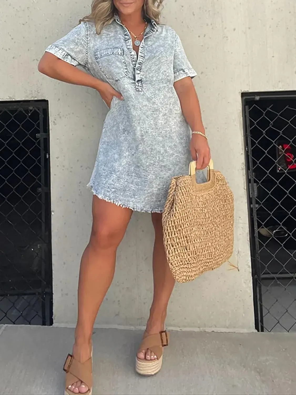 cffvdiz Denim Shirt Dress for Women Short Sleeve Distressed Fringe Hem Short Jean Shirt Dress