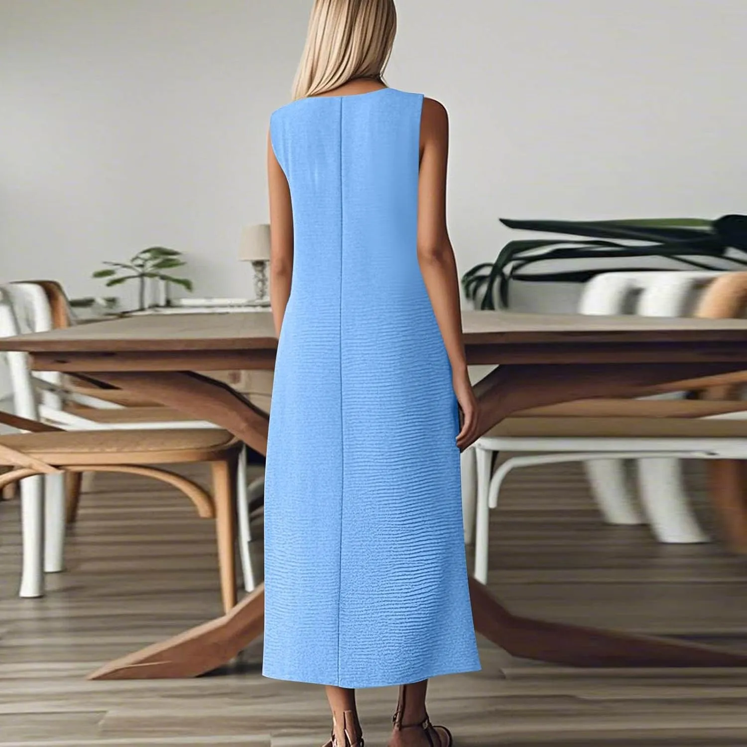 Cotton Linen Dresses for Women Summer Casual Loose V Neck Sleeveless Sundress,Flowy Swing Maxi Beach Vacation Dress