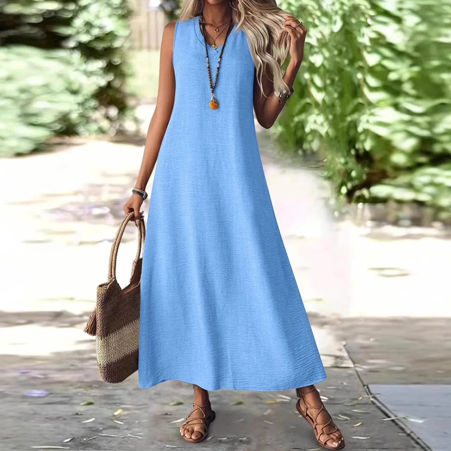 Cotton Linen Dresses for Women Summer Casual Loose V Neck Sleeveless Sundress,Flowy Swing Maxi Beach Vacation Dress