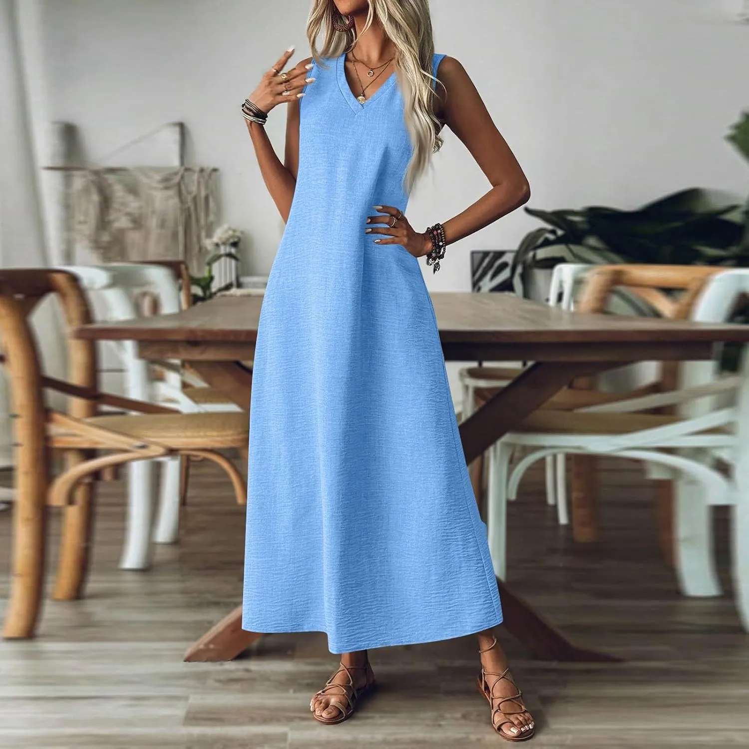 Cotton Linen Dresses for Women Summer Casual Loose V Neck Sleeveless Sundress,Flowy Swing Maxi Beach Vacation Dress
