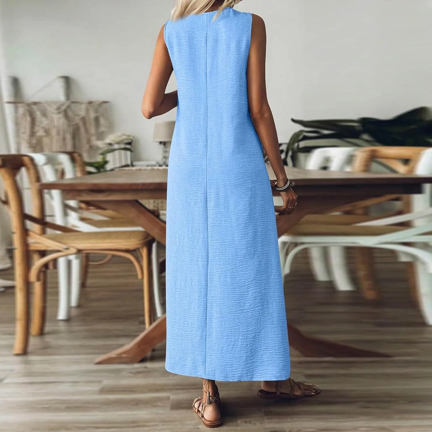 Cotton Linen Dresses for Women Summer Casual Loose V Neck Sleeveless Sundress,Flowy Swing Maxi Beach Vacation Dress