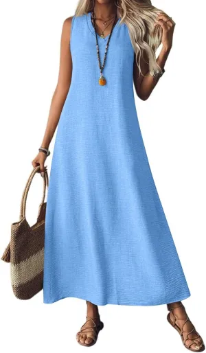 Cotton Linen Dresses for Women Summer Casual Loose V Neck Sleeveless Sundress,Flowy Swing Maxi Beach Vacation Dress