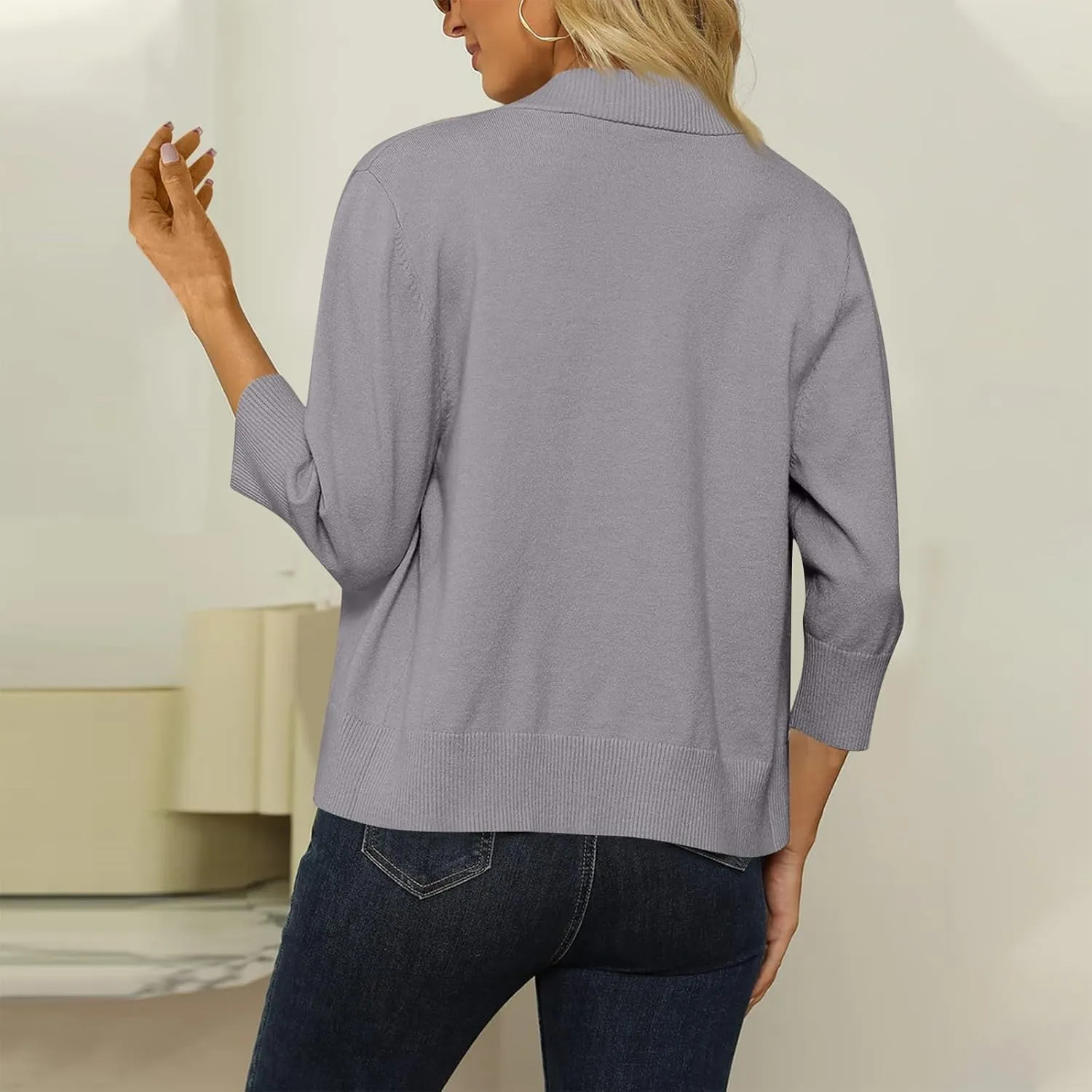 Cropped Cardigan Sweaters for Women Lightweight 3/4 Sleeve Open Front Short Shrugs Cardigans Fall Sweater Jacket Tops