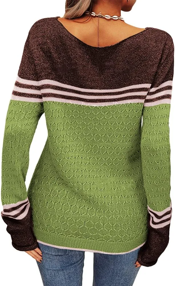 Danedvi Women Autumn Winter Colorblock Pullover Sweaters Round Neck Striped Slim Fitting Knitwear Tops