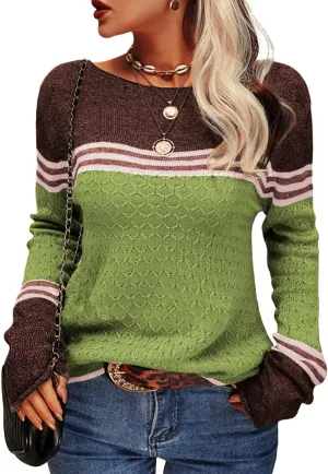 Danedvi Women Autumn Winter Colorblock Pullover Sweaters Round Neck Striped Slim Fitting Knitwear Tops