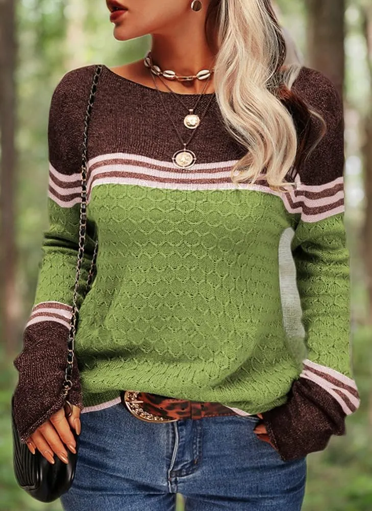 Danedvi Women Autumn Winter Colorblock Pullover Sweaters Round Neck Striped Slim Fitting Knitwear Tops