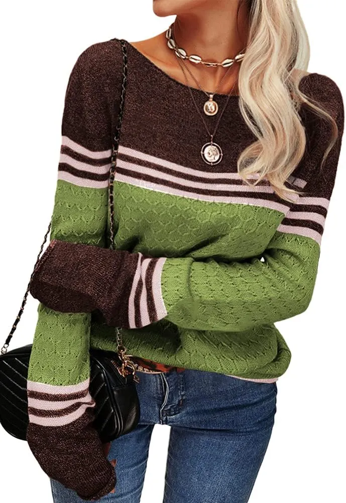 Danedvi Women Autumn Winter Colorblock Pullover Sweaters Round Neck Striped Slim Fitting Knitwear Tops
