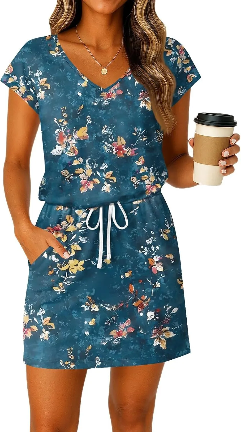 Dresses for Women 2025 Summer Casual Beach Sundress Short Sleeve Shift Dress Crewneck T-Shirt Dress with Pockets