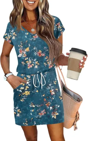 Dresses for Women 2025 Summer Casual Beach Sundress Short Sleeve Shift Dress Crewneck T-Shirt Dress with Pockets