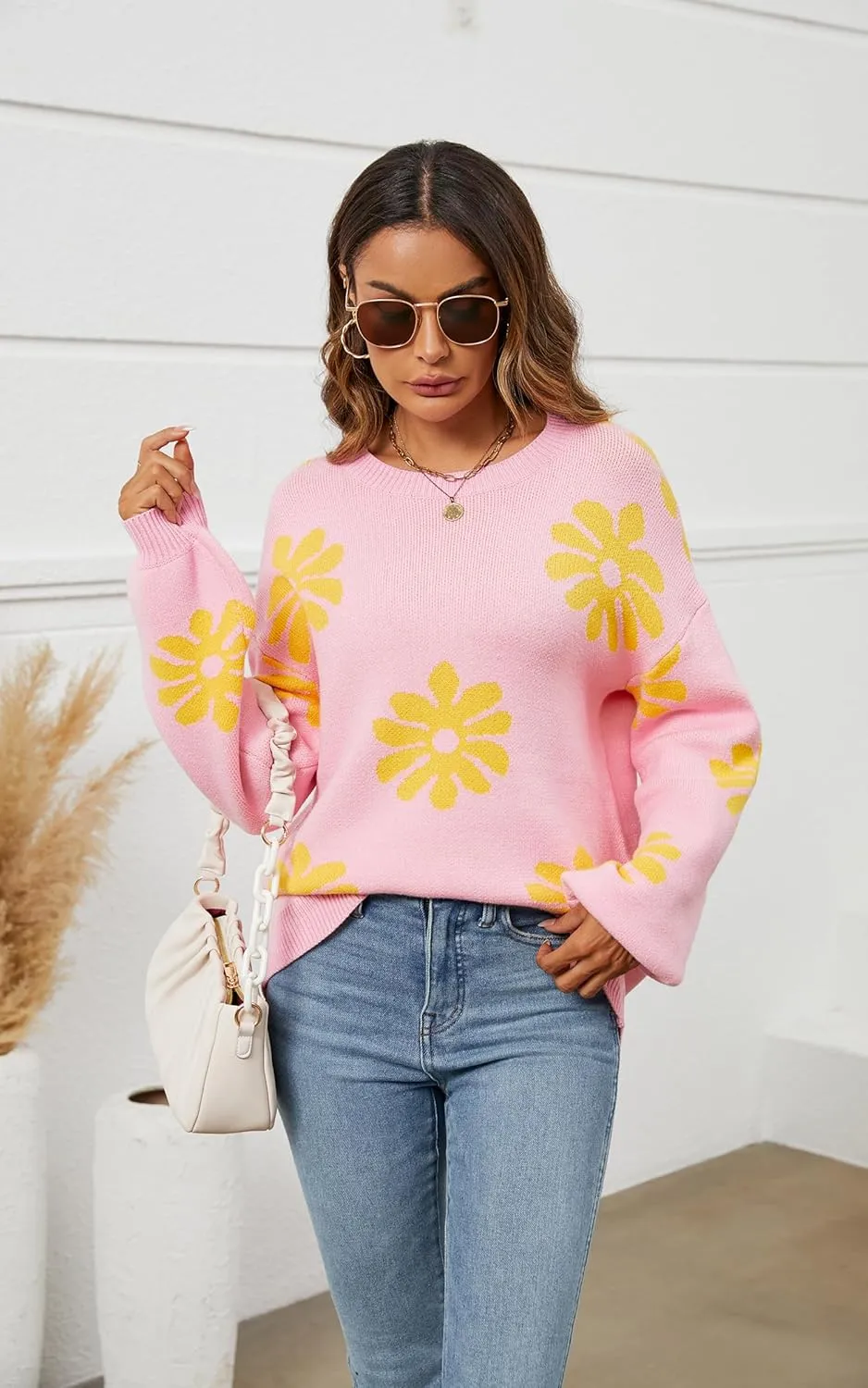 ECOWISH Women's Sweater 2025 Fall - Long Sleeve Crewneck Tops Knit Oversized Pullover Casual Print Jumper