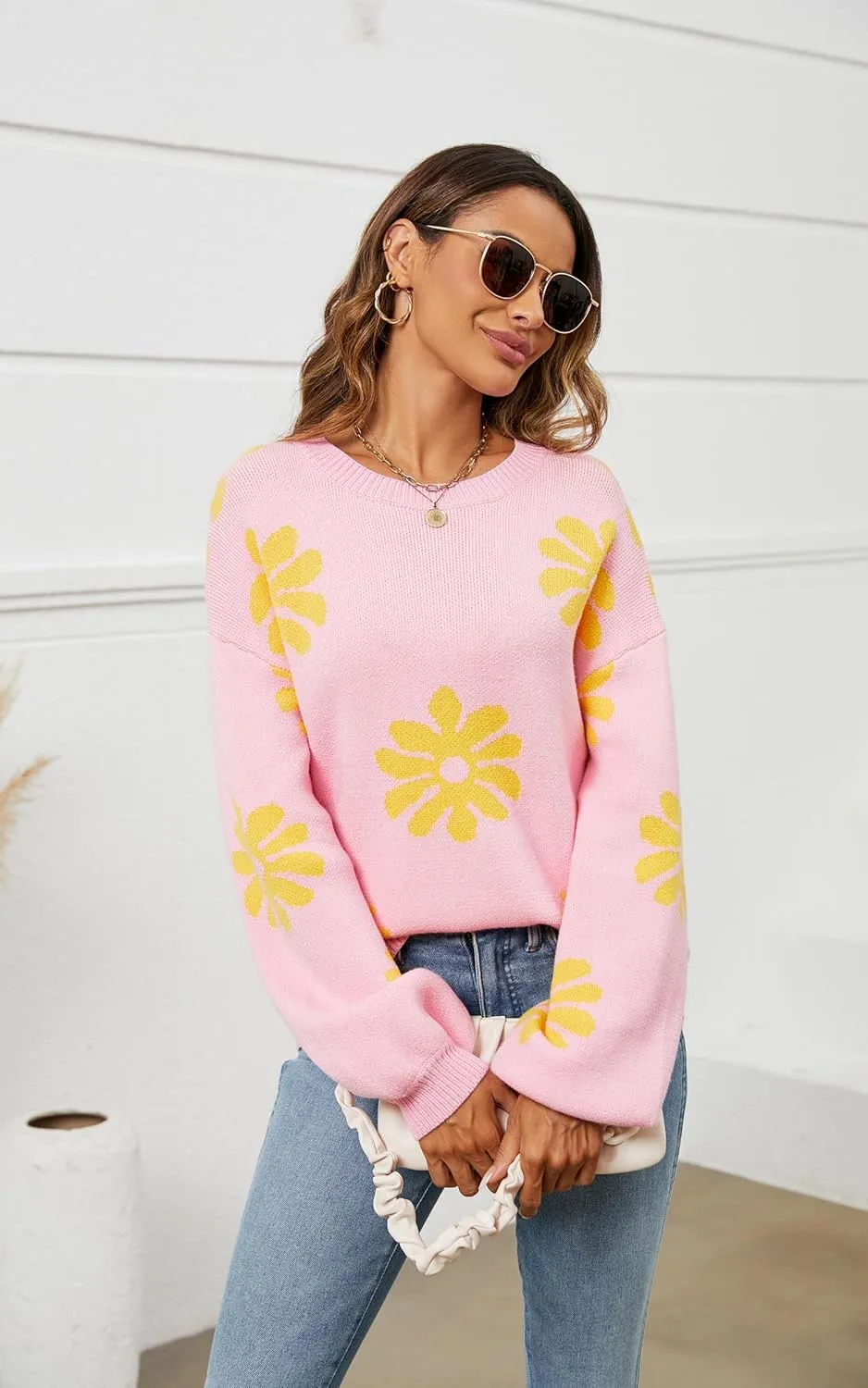 ECOWISH Women's Sweater 2025 Fall - Long Sleeve Crewneck Tops Knit Oversized Pullover Casual Print Jumper