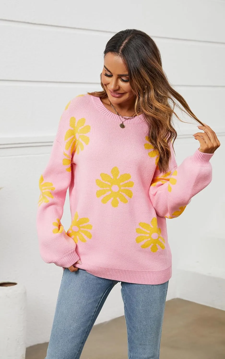 ECOWISH Women's Sweater 2025 Fall - Long Sleeve Crewneck Tops Knit Oversized Pullover Casual Print Jumper