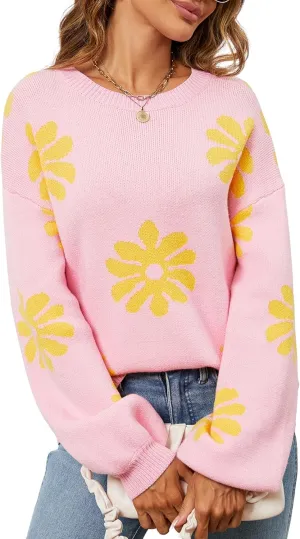 ECOWISH Women's Sweater 2025 Fall - Long Sleeve Crewneck Tops Knit Oversized Pullover Casual Print Jumper