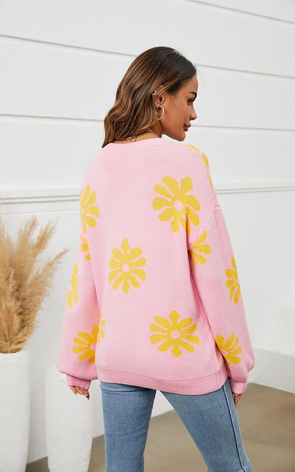 ECOWISH Women's Sweater 2025 Fall - Long Sleeve Crewneck Tops Knit Oversized Pullover Casual Print Jumper