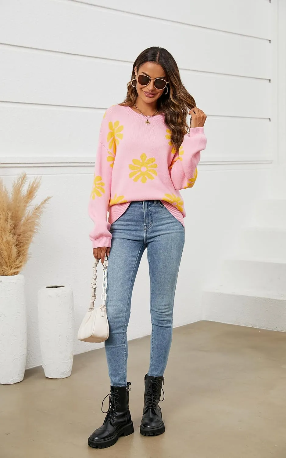 ECOWISH Women's Sweater 2025 Fall - Long Sleeve Crewneck Tops Knit Oversized Pullover Casual Print Jumper