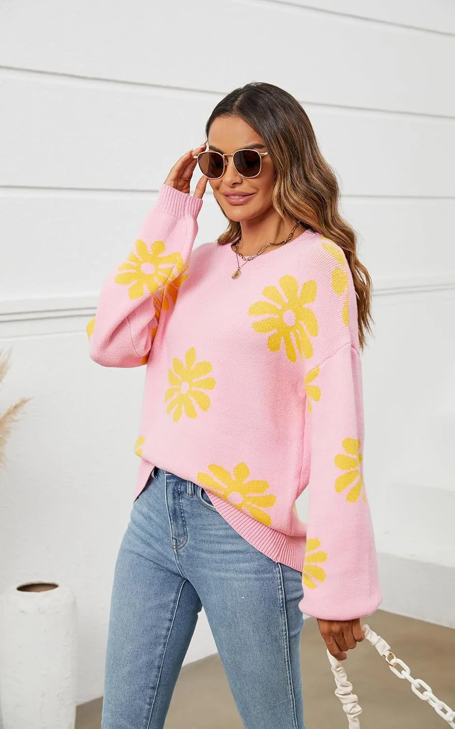 ECOWISH Women's Sweater 2025 Fall - Long Sleeve Crewneck Tops Knit Oversized Pullover Casual Print Jumper