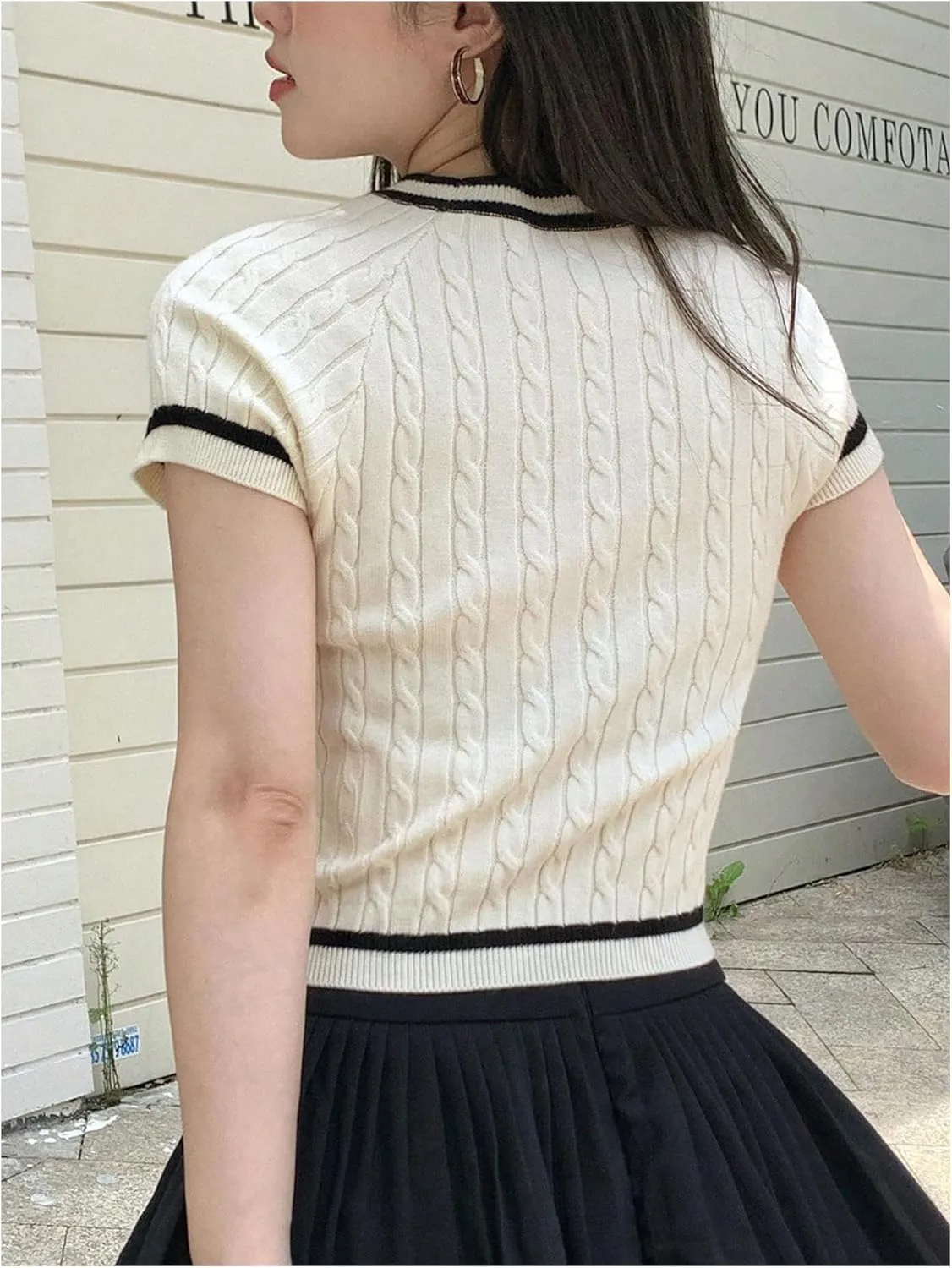 GORGLITTER Women's Letter Graphic Sweater Tee Shirt Crewneck Short Sleeve Contrast Trim Cable Knit Top