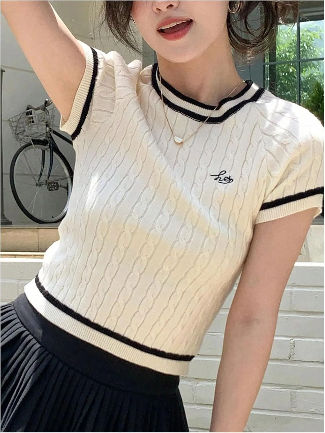 GORGLITTER Women's Letter Graphic Sweater Tee Shirt Crewneck Short Sleeve Contrast Trim Cable Knit Top
