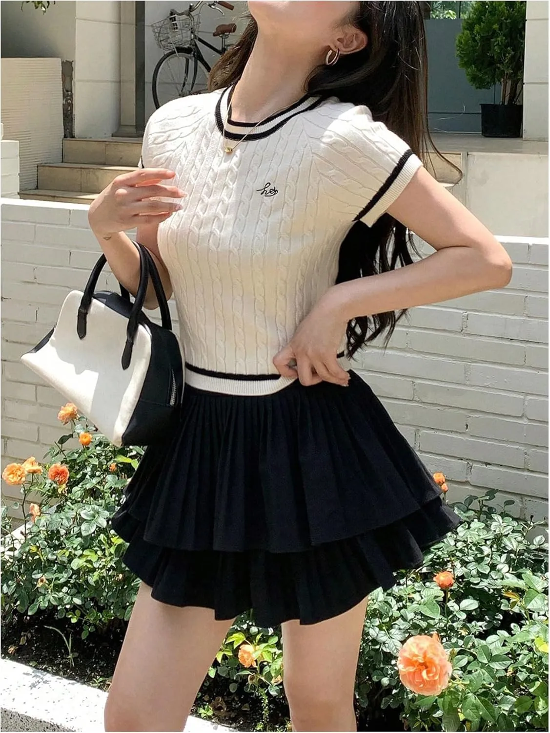 GORGLITTER Women's Letter Graphic Sweater Tee Shirt Crewneck Short Sleeve Contrast Trim Cable Knit Top