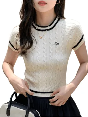 GORGLITTER Women's Letter Graphic Sweater Tee Shirt Crewneck Short Sleeve Contrast Trim Cable Knit Top