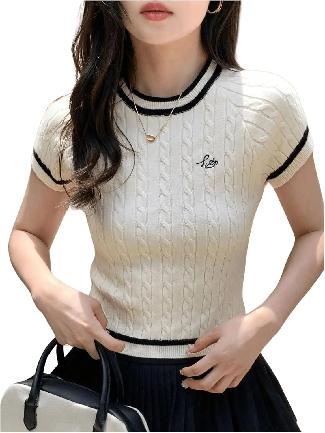 GORGLITTER Women's Letter Graphic Sweater Tee Shirt Crewneck Short Sleeve Contrast Trim Cable Knit Top