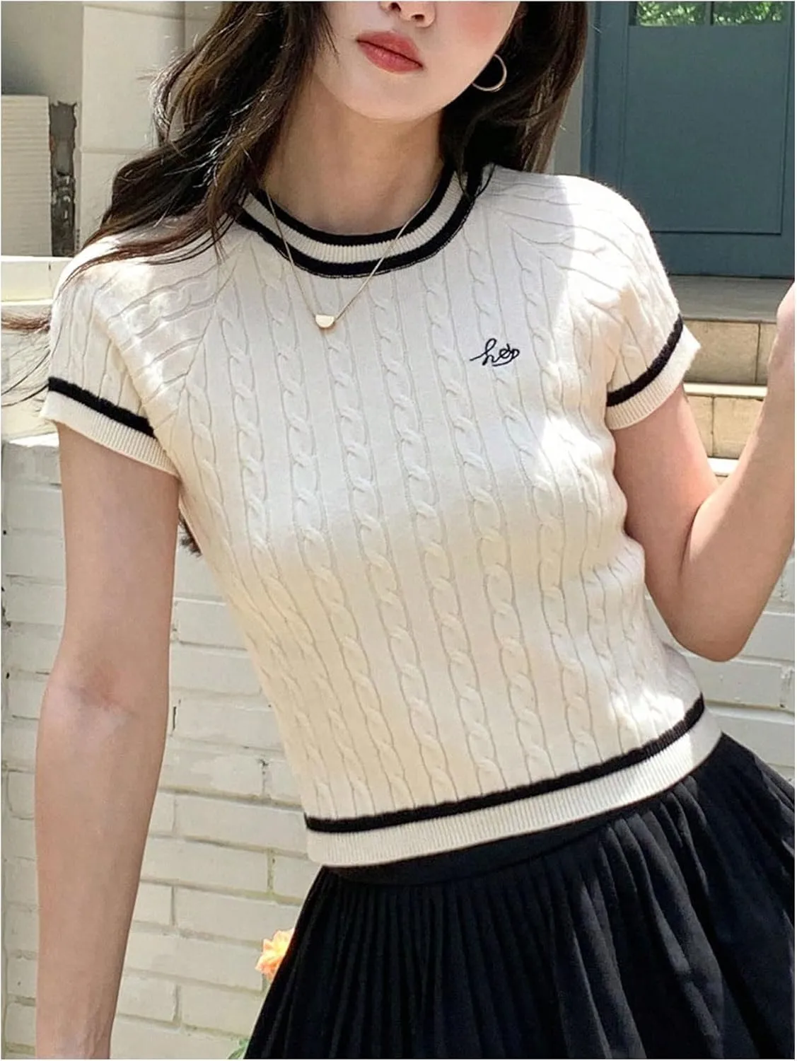 GORGLITTER Women's Letter Graphic Sweater Tee Shirt Crewneck Short Sleeve Contrast Trim Cable Knit Top