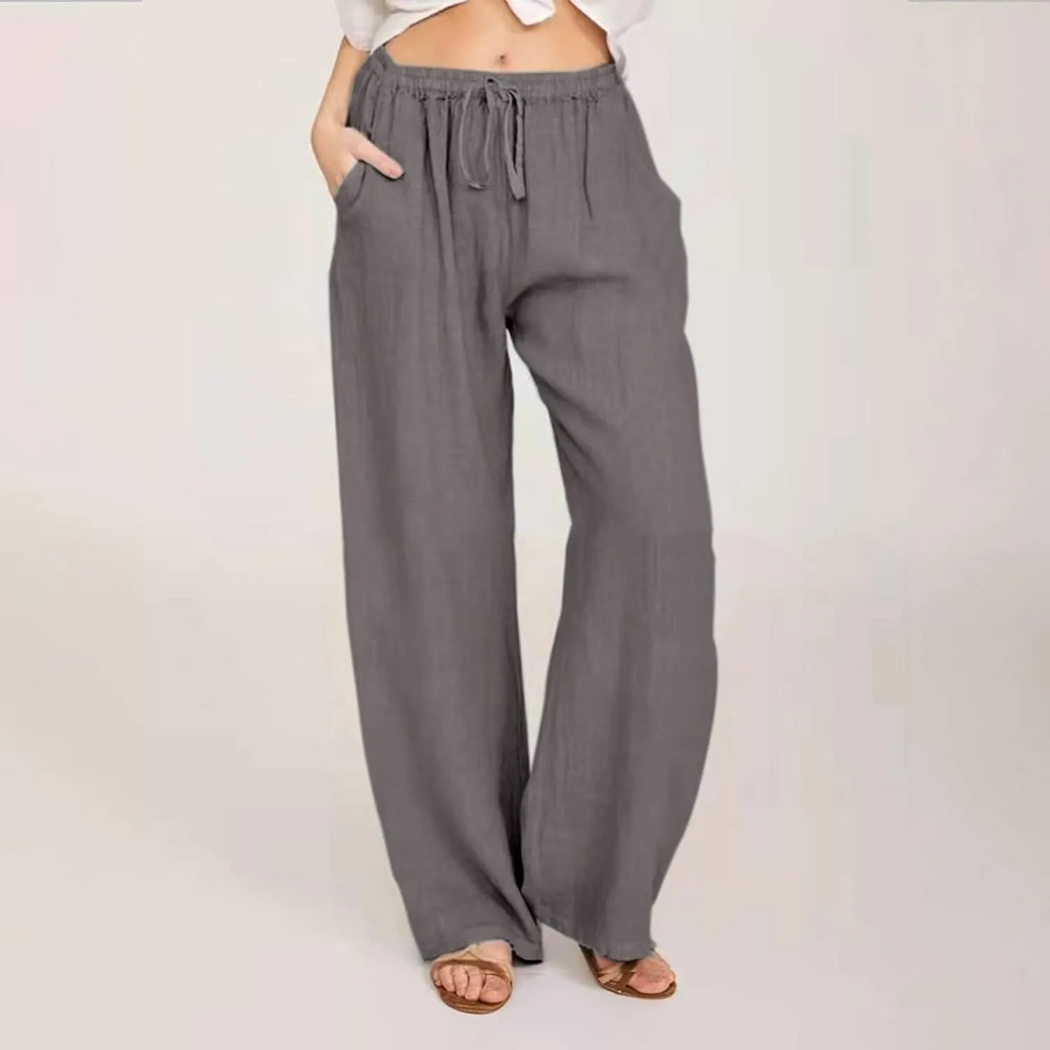 Hvyesh Womens Cotton Linen Pants Casual Straight Fit Elastic Waisted Drawsting Trousers Summer Loose Comfy Pants with Pocket