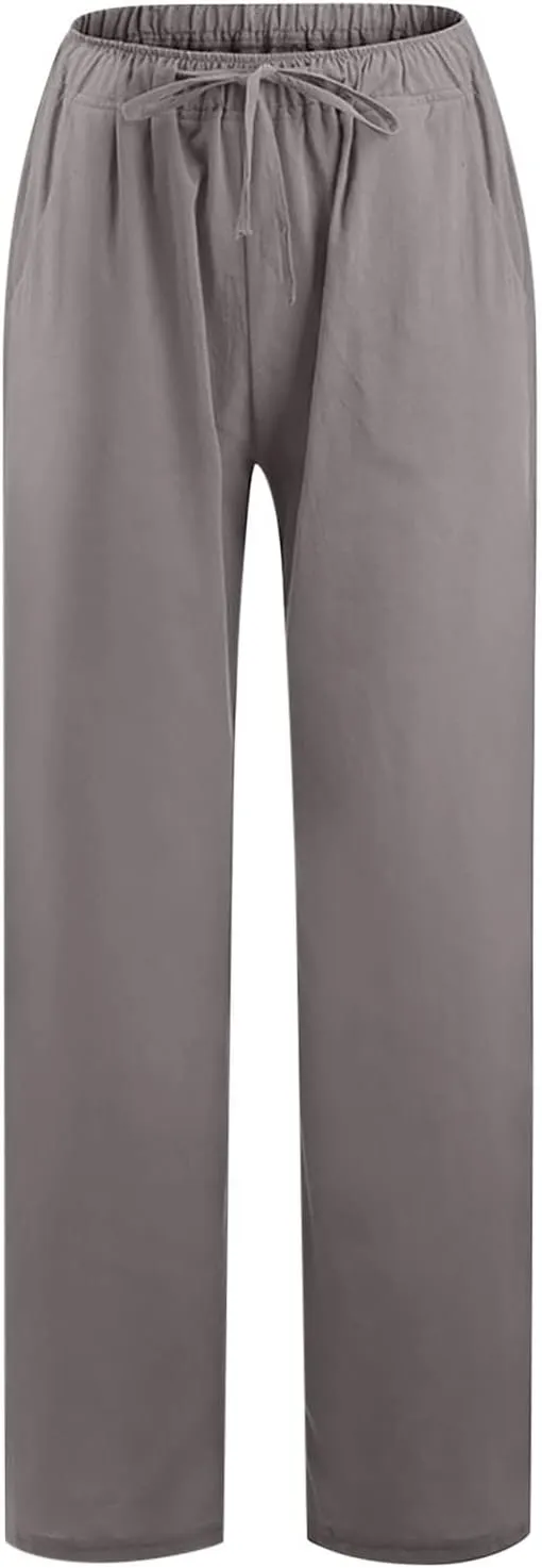 Hvyesh Womens Cotton Linen Pants Casual Straight Fit Elastic Waisted Drawsting Trousers Summer Loose Comfy Pants with Pocket