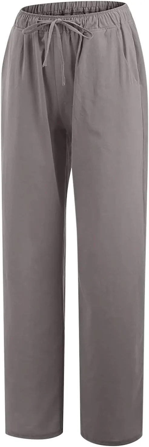 Hvyesh Womens Cotton Linen Pants Casual Straight Fit Elastic Waisted Drawsting Trousers Summer Loose Comfy Pants with Pocket