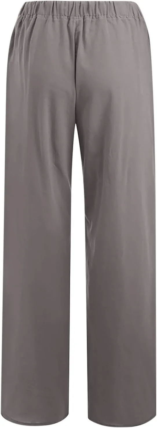 Hvyesh Womens Cotton Linen Pants Casual Straight Fit Elastic Waisted Drawsting Trousers Summer Loose Comfy Pants with Pocket