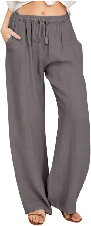 Hvyesh Womens Cotton Linen Pants Casual Straight Fit Elastic Waisted Drawsting Trousers Summer Loose Comfy Pants with Pocket