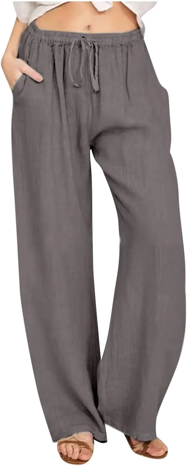 Hvyesh Womens Cotton Linen Pants Casual Straight Fit Elastic Waisted Drawsting Trousers Summer Loose Comfy Pants with Pocket