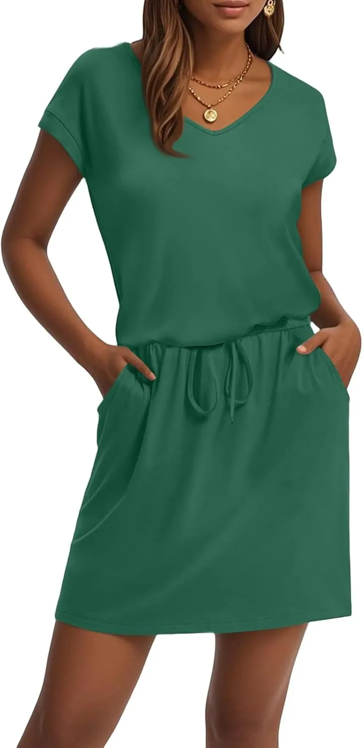 HXHYQKP Casual Summer Dresses for Women Short Sleeve V Neck T Shirt Mini Dress Tie Waist Sundresses with Pockets