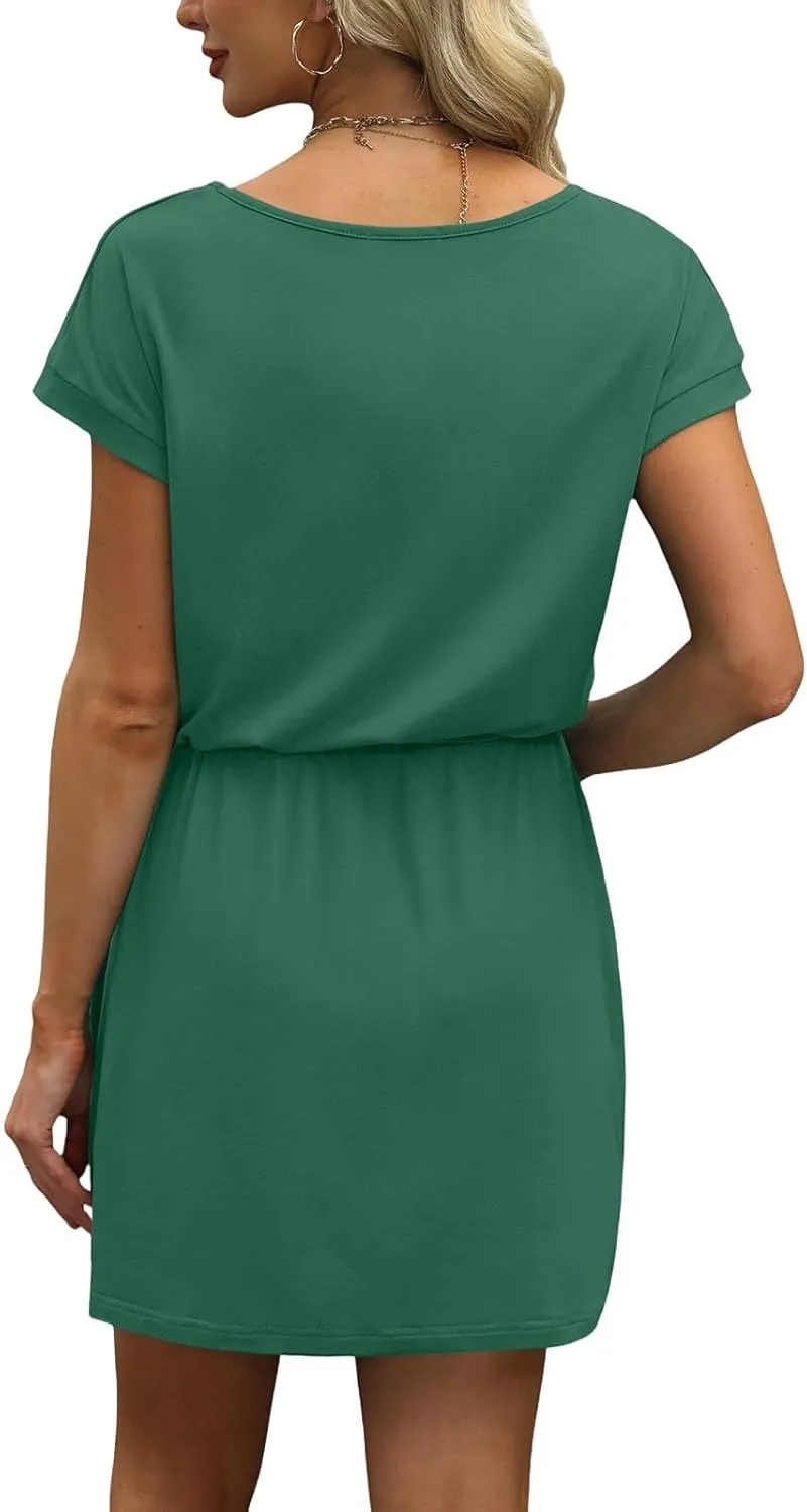 HXHYQKP Casual Summer Dresses for Women Short Sleeve V Neck T Shirt Mini Dress Tie Waist Sundresses with Pockets