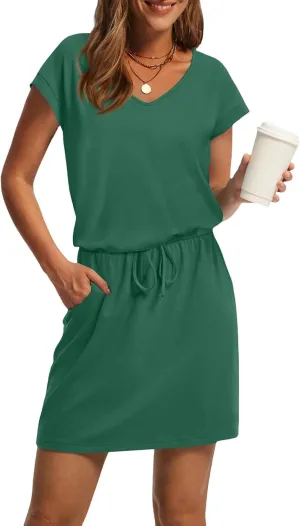 HXHYQKP Casual Summer Dresses for Women Short Sleeve V Neck T Shirt Mini Dress Tie Waist Sundresses with Pockets