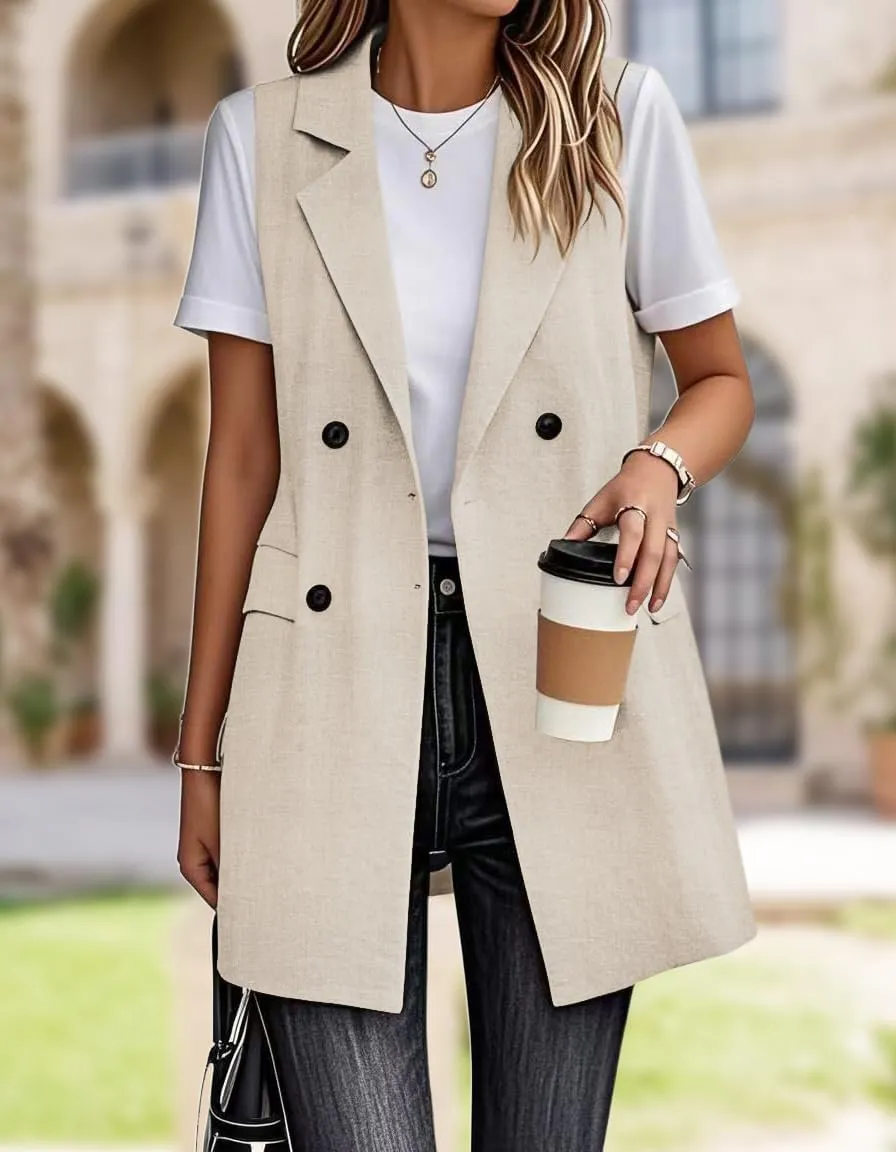 IDEALSANXUN Womens Long Linen Vest Dressy Sleeveless Blazer Jackets Outerwear Tops