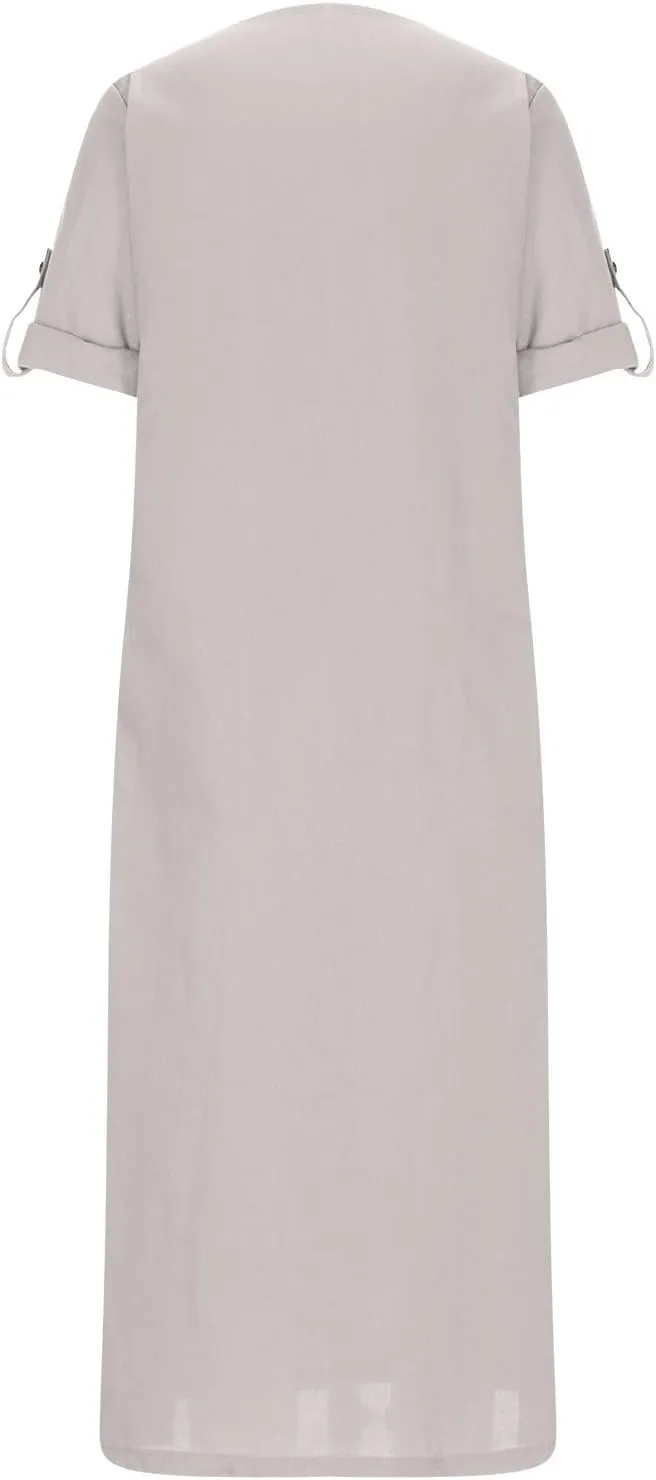Linen Dresses for Women 2025 Cuffed Sleeve Crewneck Solid Color Long Cotton Dress Spring Maxi Dress with Pockets