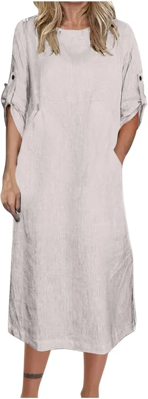 Linen Dresses for Women 2025 Cuffed Sleeve Crewneck Solid Color Long Cotton Dress Spring Maxi Dress with Pockets
