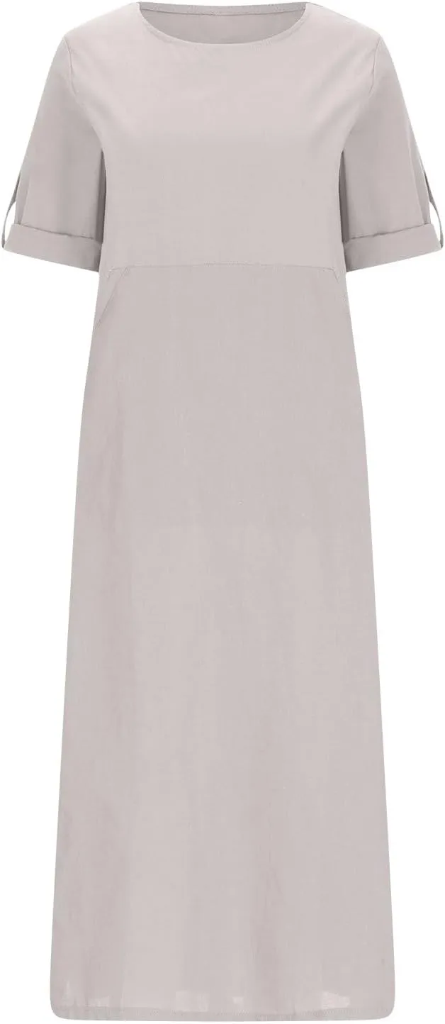 Linen Dresses for Women 2025 Cuffed Sleeve Crewneck Solid Color Long Cotton Dress Spring Maxi Dress with Pockets