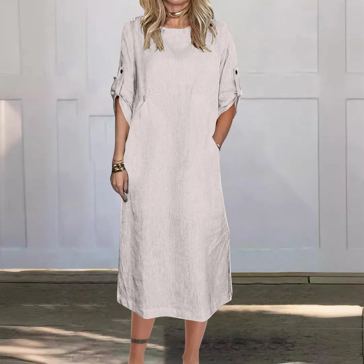 Linen Dresses for Women 2025 Cuffed Sleeve Crewneck Solid Color Long Cotton Dress Spring Maxi Dress with Pockets