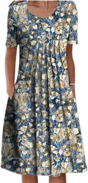 LOAIHA Women's Boho Floral Print Short Sleeve T Shirt Dress Summer Casual Loose Swing Tshirt Midi Dresses with Pockets