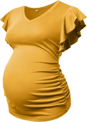 Maternity Pregnancy V Neck Fly Short Sleeve Stylish T Shirt Pregnant Side Ruched Top Shirt