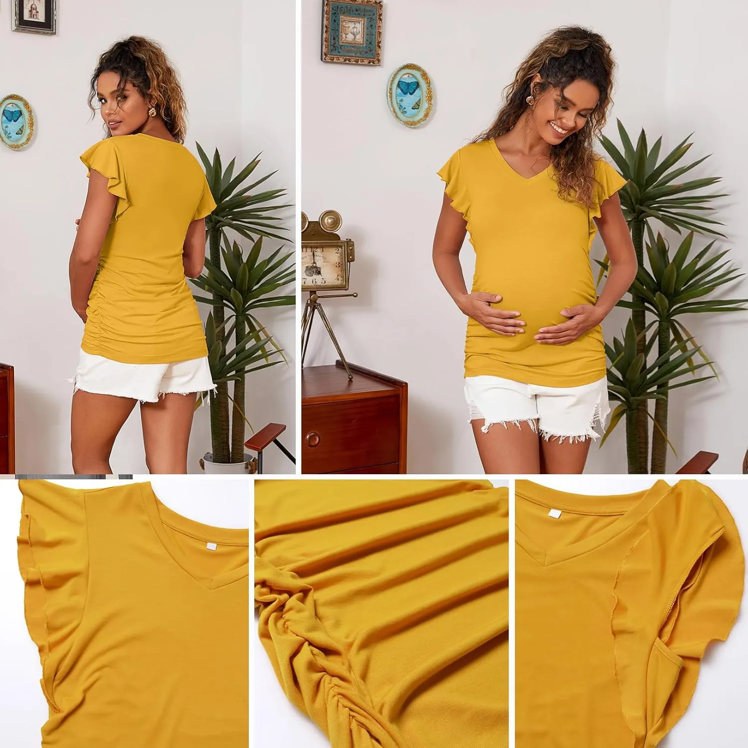 Maternity Pregnancy V Neck Fly Short Sleeve Stylish T Shirt Pregnant Side Ruched Top Shirt