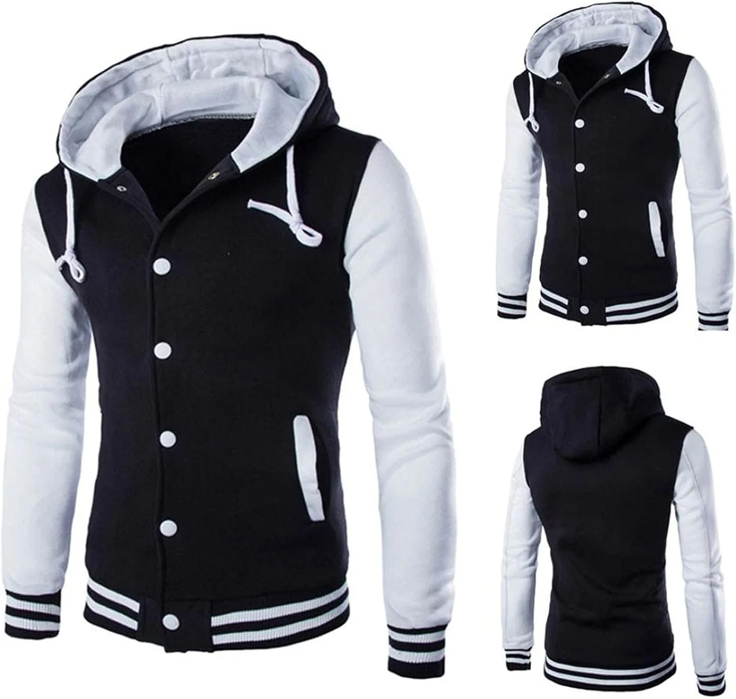 Men's Hooded Varsity Jacket,Slim Button Down Baseball Jacket Outwear Colorblock Casual Sports Drawstring Sweatshirts