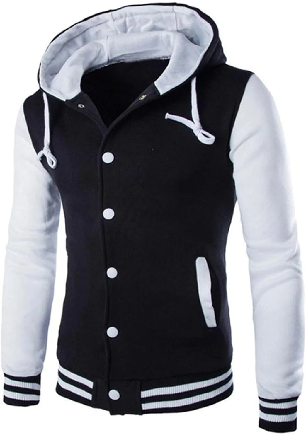 Men's Hooded Varsity Jacket,Slim Button Down Baseball Jacket Outwear Colorblock Casual Sports Drawstring Sweatshirts