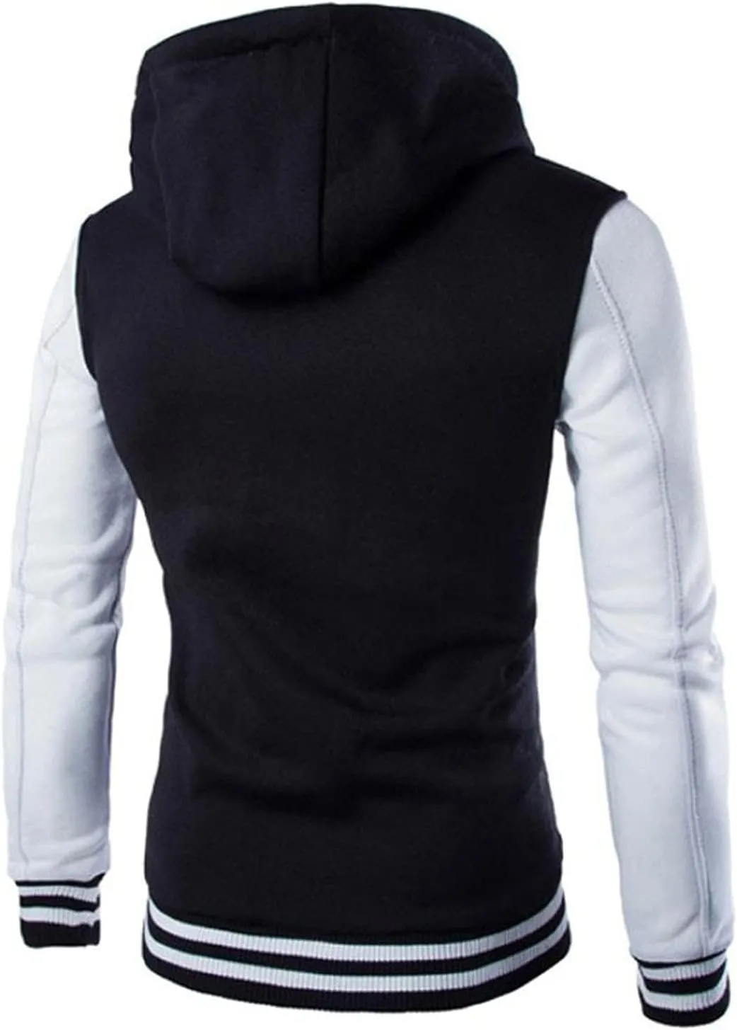 Men's Hooded Varsity Jacket,Slim Button Down Baseball Jacket Outwear Colorblock Casual Sports Drawstring Sweatshirts
