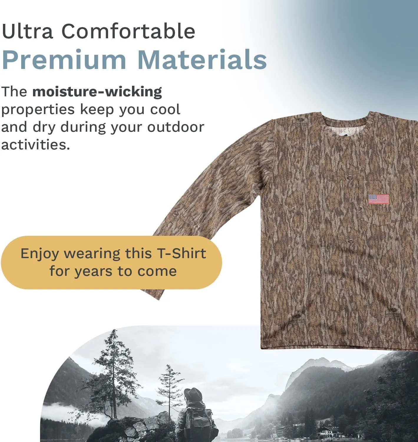 Men's Patriotic T-Shirt, Realtree and Mossy Oak Camo T-Shirt for Men, Hunting Apparel with USA Flag Embroidery